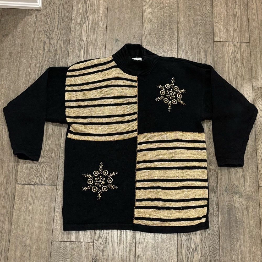 Vintage 90s Black and Gold Stripe Jeweled Holiday Sweater Size L